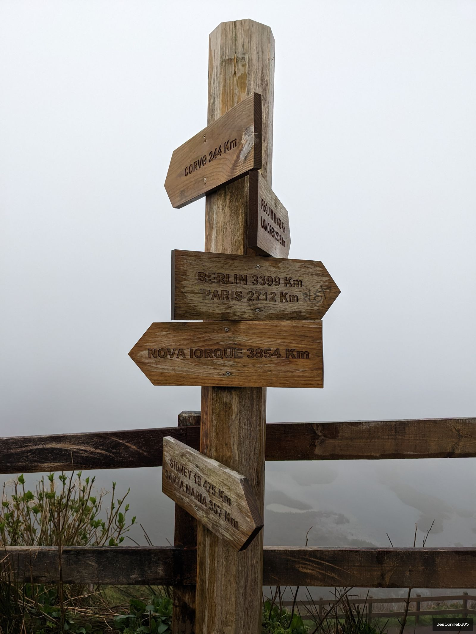 Panneau en bois indiquant plusieurs directions dans un paysage de montagne brumeux