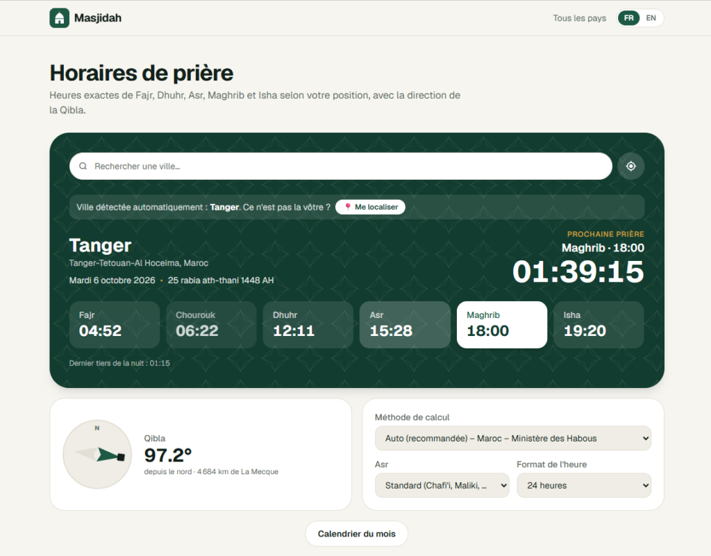Plateforme Horaires de Prière Masjidah