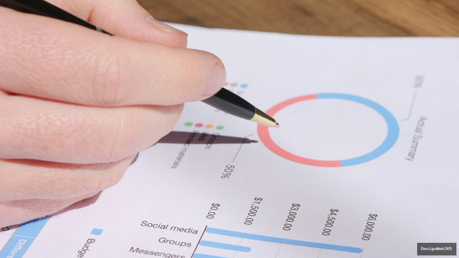 Main pointant un stylo sur un rapport imprime de statistiques reseaux sociaux