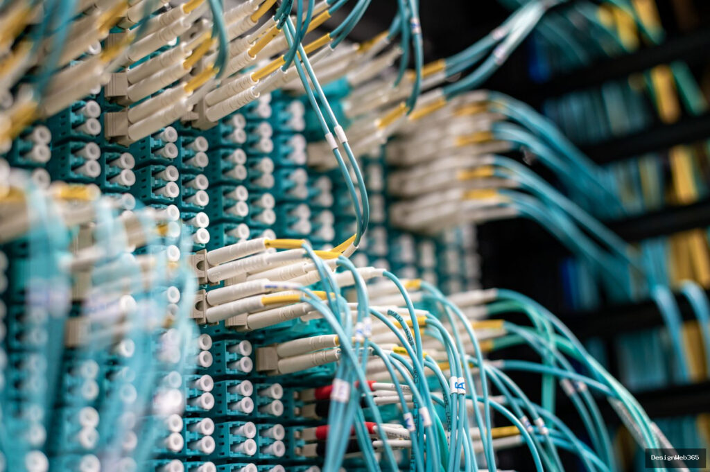 Cables reseau branches sur un panneau de brassage dans une baie serveur