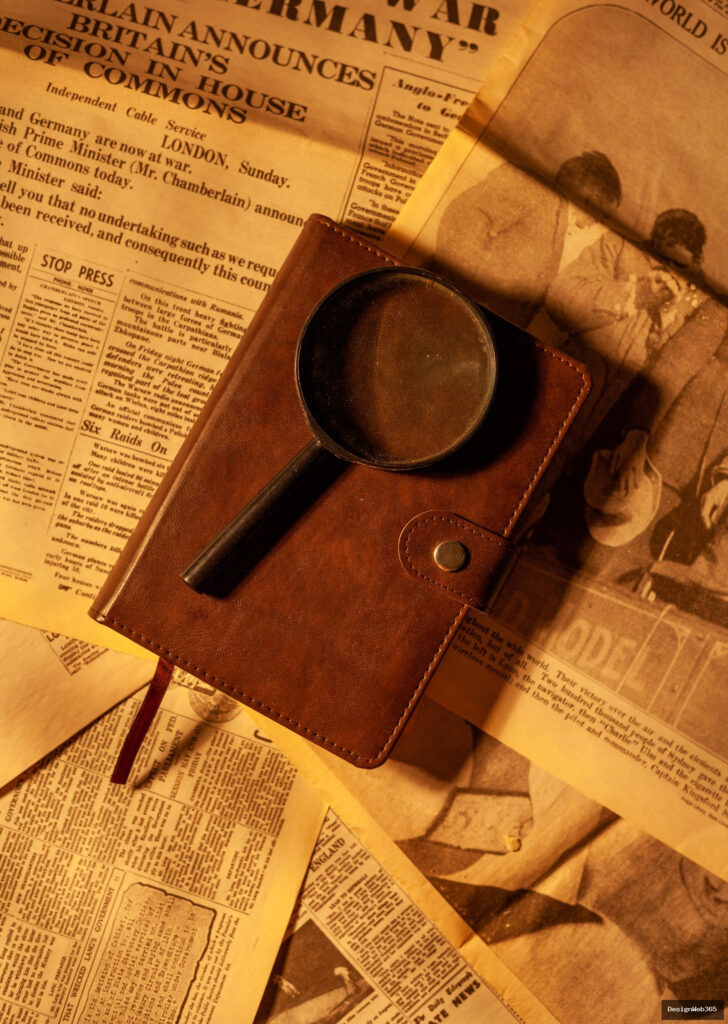 Loupe posee sur un carnet en cuir au-dessus de vieux journaux, symbole de la veille d'actualites